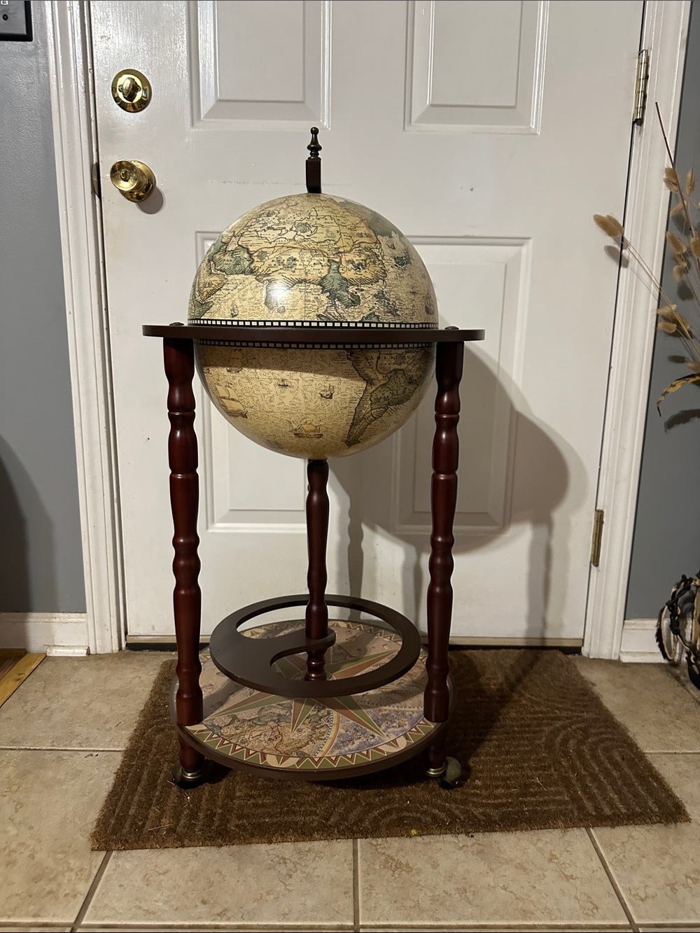 Vintage Beige World Globe on Dark Wood Stand - Decorative Home Accent